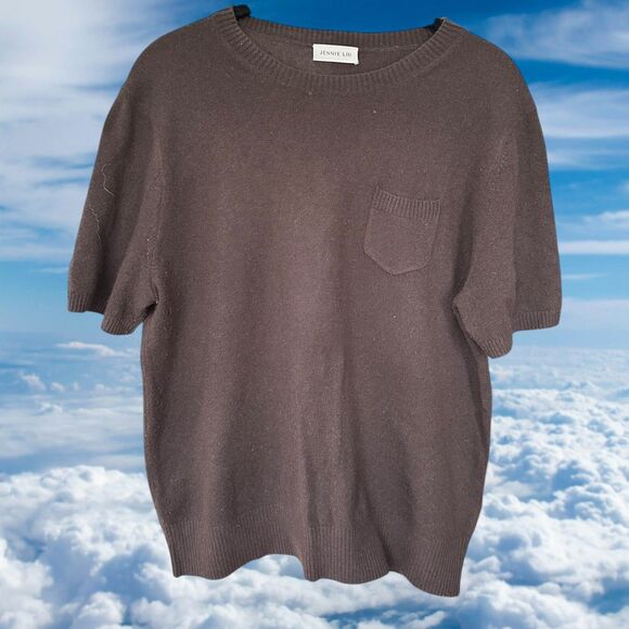 Jennie Liu Sweater Large Womens 100% CASMERE Soft Pullover Short Sleeve Brown - Picture 1 of 5